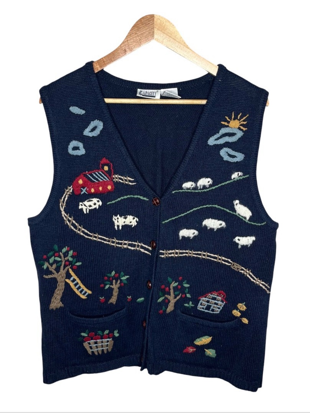90s Vintage Navy Blue Knit Novelty Farm Sleeveless Sweater Vest Teacher Cottage